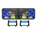 Soporte profesional de flexiones con agarraderas azules, ideal para entrenar espalda y tríceps.