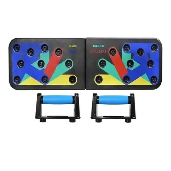 Soporte profesional de flexiones con agarraderas azules, ideal para entrenar espalda y tríceps.