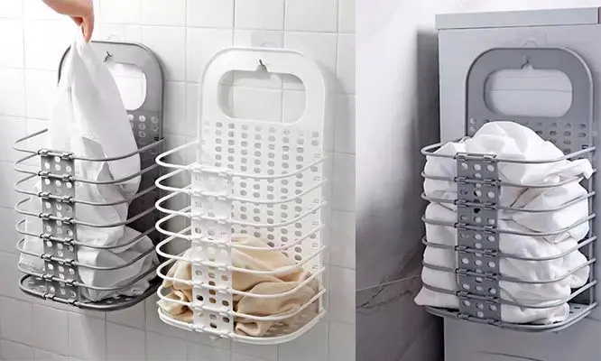 Cesta plegable multiusos gris con ropa blanca para colgar en pared.