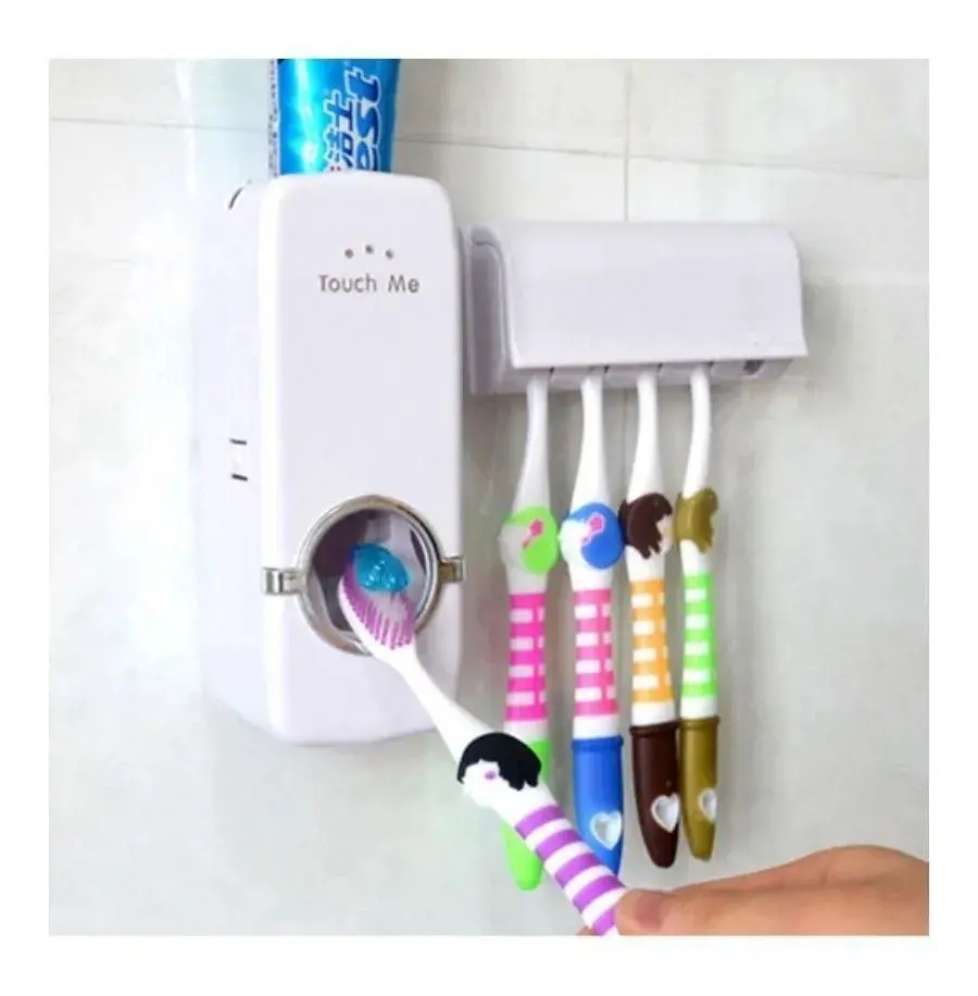 Dispensador de crema Touch Me con soporte para 4 cepillos de dientes y crema dental aplicada.