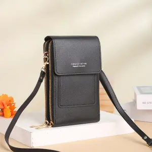 Bolso tipo cartera negro de mujer con correa ajustable y detalle dorado, ideal para llevar el móvil.
