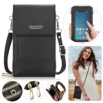 Bolso tipo cartera negro para mujer, con compartimento para celular, ideal para uso diario.