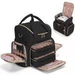 Bolso organizador negro para accesorios de uñas, con compartimentos para esmaltes y herramientas.