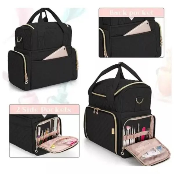Bolso organizador negro para accesorios de uñas, con compartimentos y bolsillos visibles.
