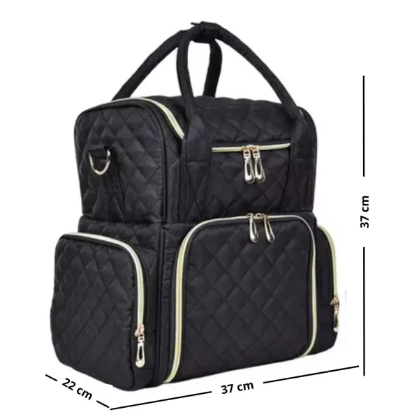 Bolso organizador negro acolchado para accesorios de uñas con compartimentos y asas, medidas 37x22x37 cm.