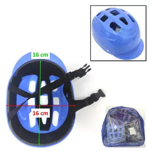 Casco azul de protección para deportes infantiles, con medidas de 16 cm de ancho y 16 cm de alto, incluye bolsa.