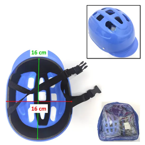 Casco azul de protección para deportes infantiles, con medidas de 16 cm de ancho y 16 cm de alto, incluye bolsa.