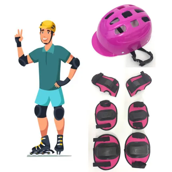 Kit de protección infantil para patinaje: casco rosa, rodilleras y coderas.