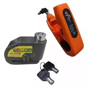 Kit seguridad moto: candado naranja para manillar y freno de disco con alarma, incluye 2 llaves.