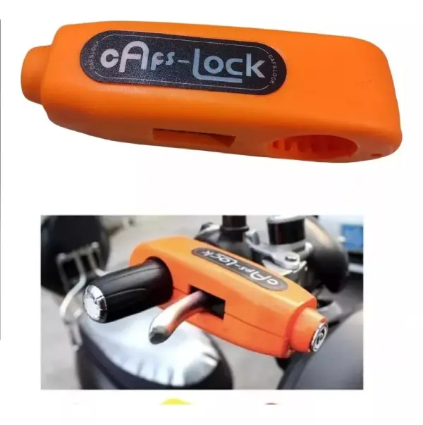 Candado naranja para manillar de moto "Caps-Lock" con alarma de freno de disco, asegurando tu vehículo.