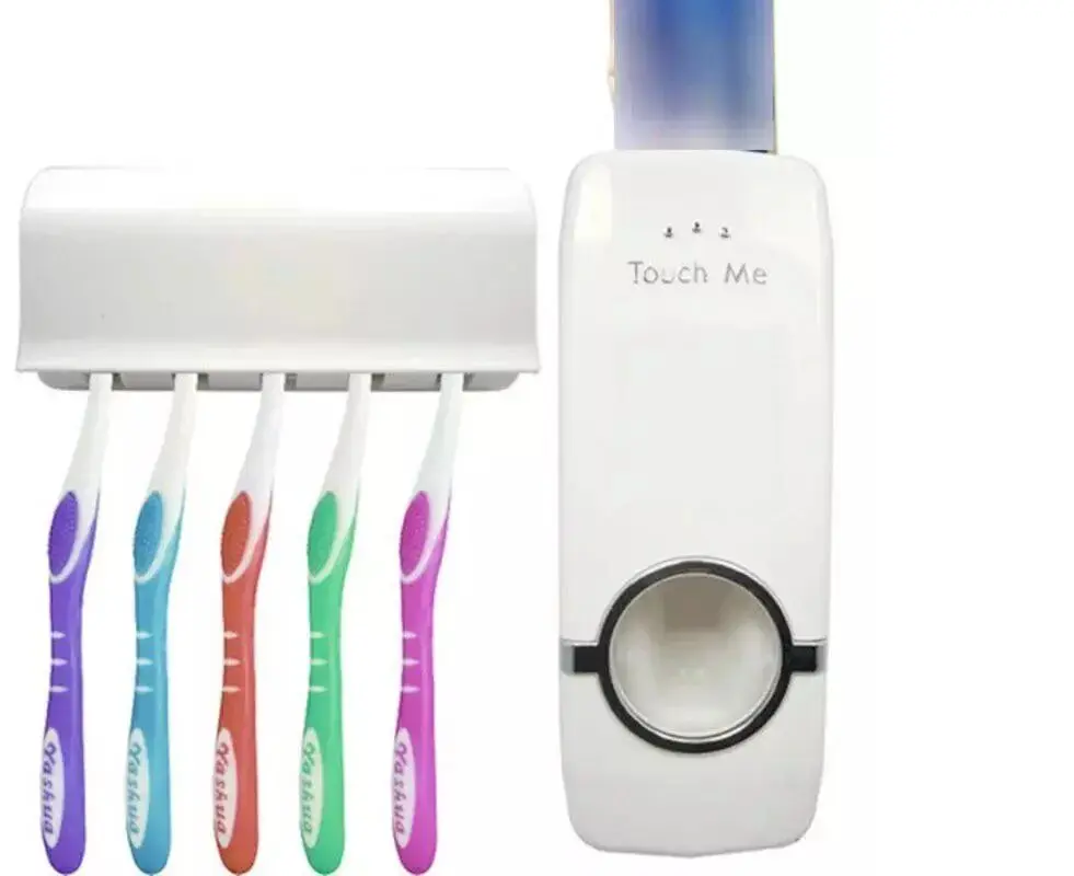 Dispensador de crema Touch Me blanco con 5 cepillos de dientes de colores: morado, azul, naranja, verde y rosa.