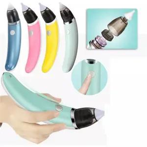 Aspirador nasal para bebés eléctrico azul, rosa, amarillo y menta, con detalles de uso y componentes.