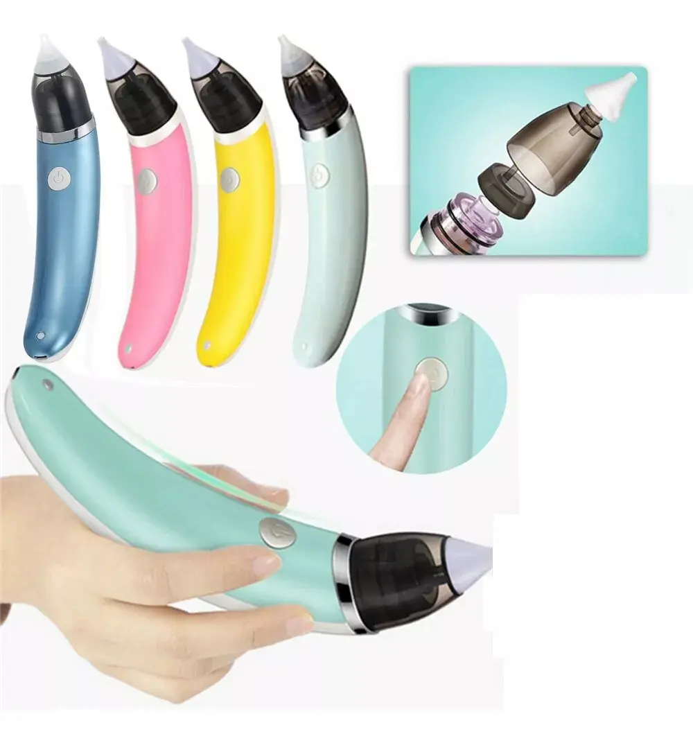 Aspirador nasal para bebés eléctrico azul, rosa, amarillo y menta, con detalles de uso y componentes.