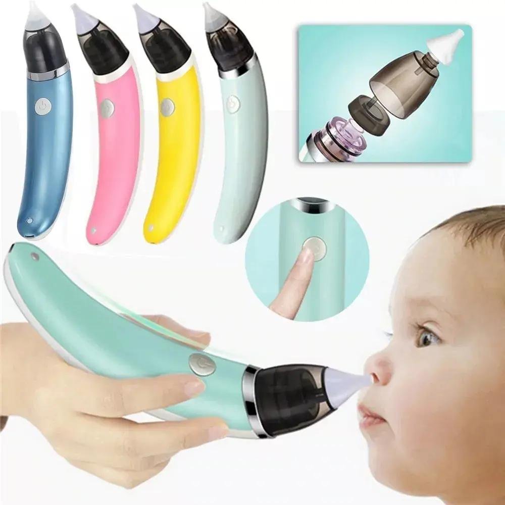 Aspirador nasal para bebés en varios colores, mostrando uso en un niño.