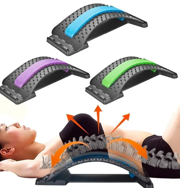 Masajeador de espalda lumbar con soporte curvo para alivio del dolor, disponible en azul, morado y verde.