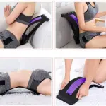 Mujer usando masajeador de espalda lumbar para estirar y aliviar el dolor, mejora la postura.