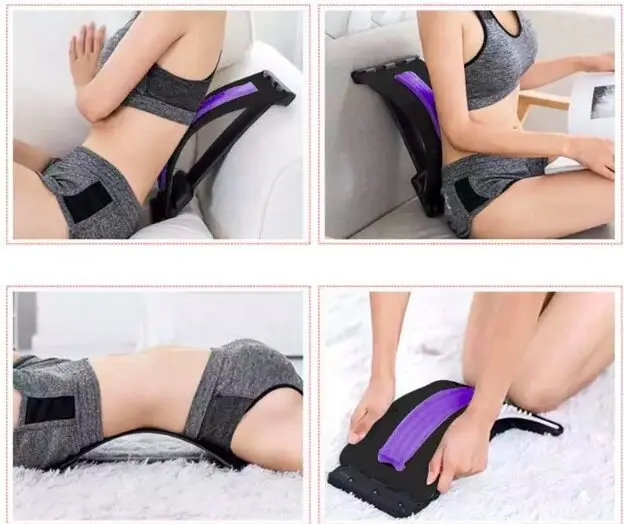 Mujer usando masajeador de espalda lumbar para estirar y aliviar el dolor, mejora la postura.