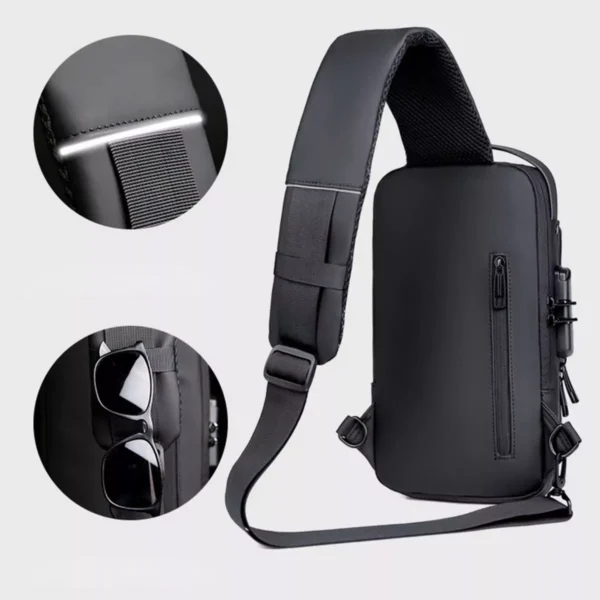 Bolso canguro antirrobo negro con bolsillo para gafas y detalles reflectantes.