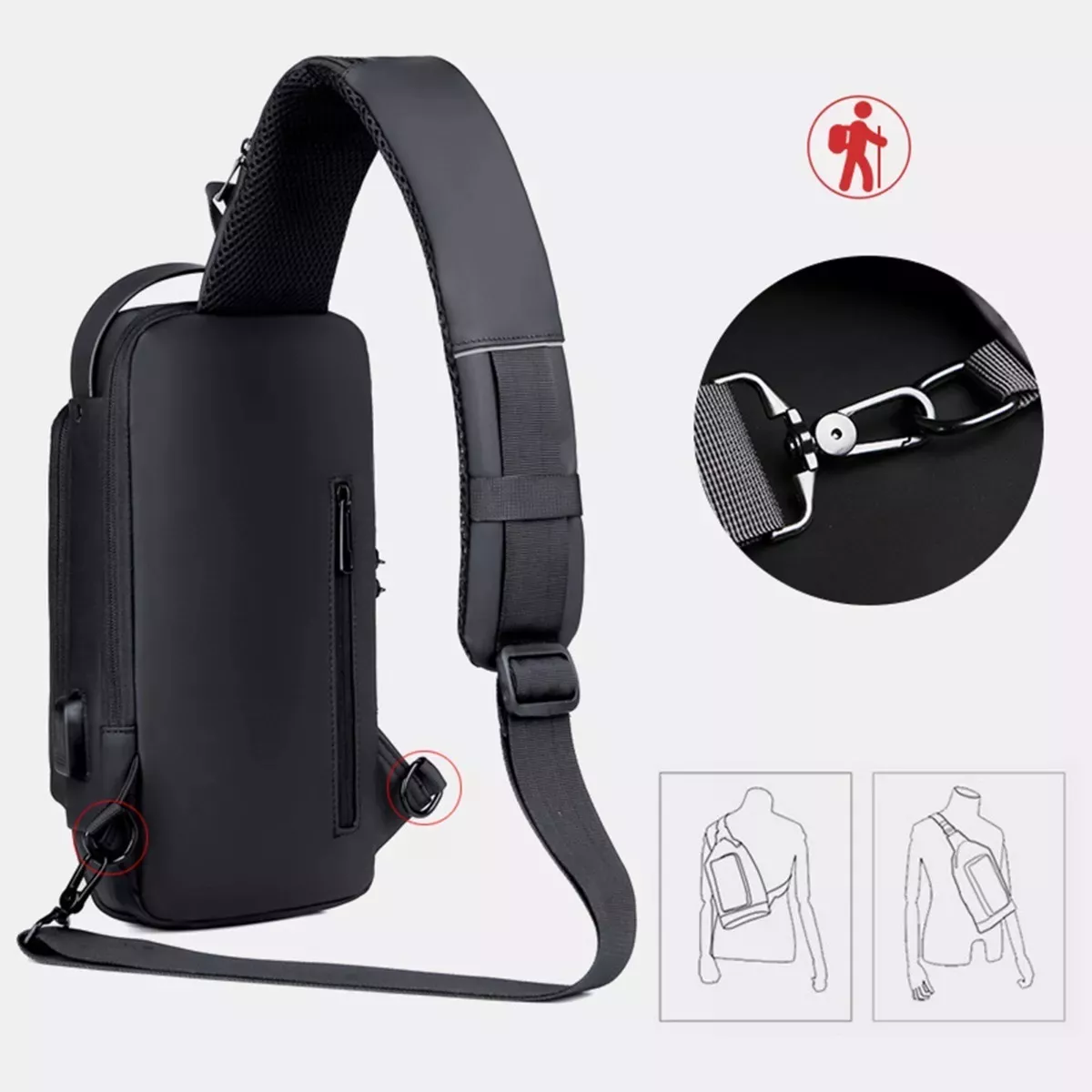 Canguro antirrobo negro para hombre, bolso cruzado con USB y correa adaptable.