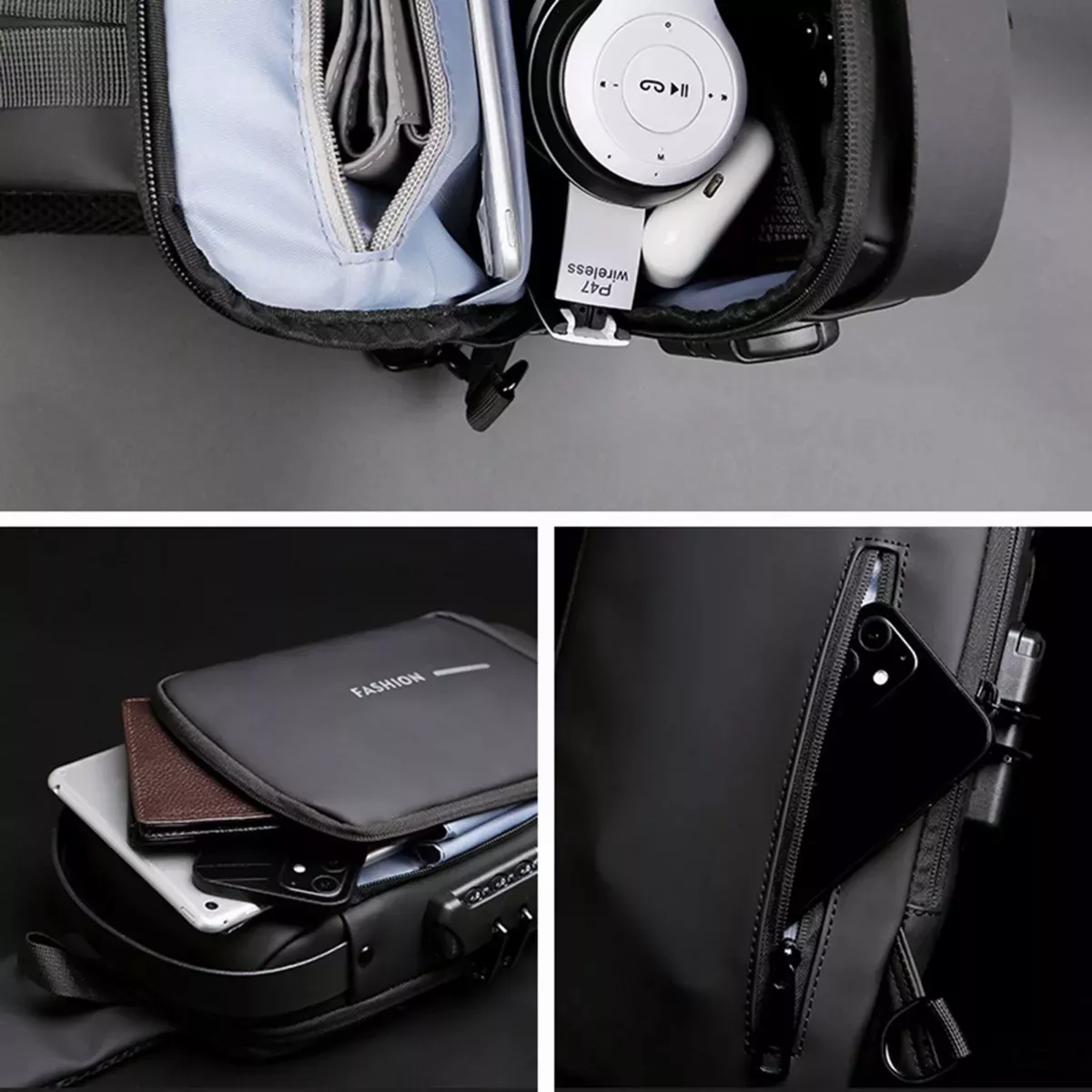Canguro antirrobo negro para hombre con compartimento para móvil y accesorios tech.