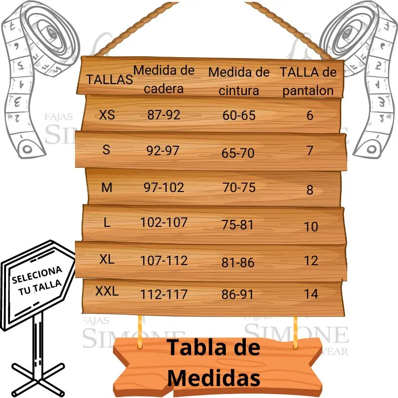 Tabla de medidas de cinturilla broche de neopreno para dama: Tallas XS a XXL con medidas de cadera, cintura y pantalón.