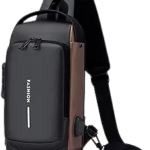Bolso cruzado negro y marrón antirrobo con puerto USB y candado, estilo moderno para hombre.
