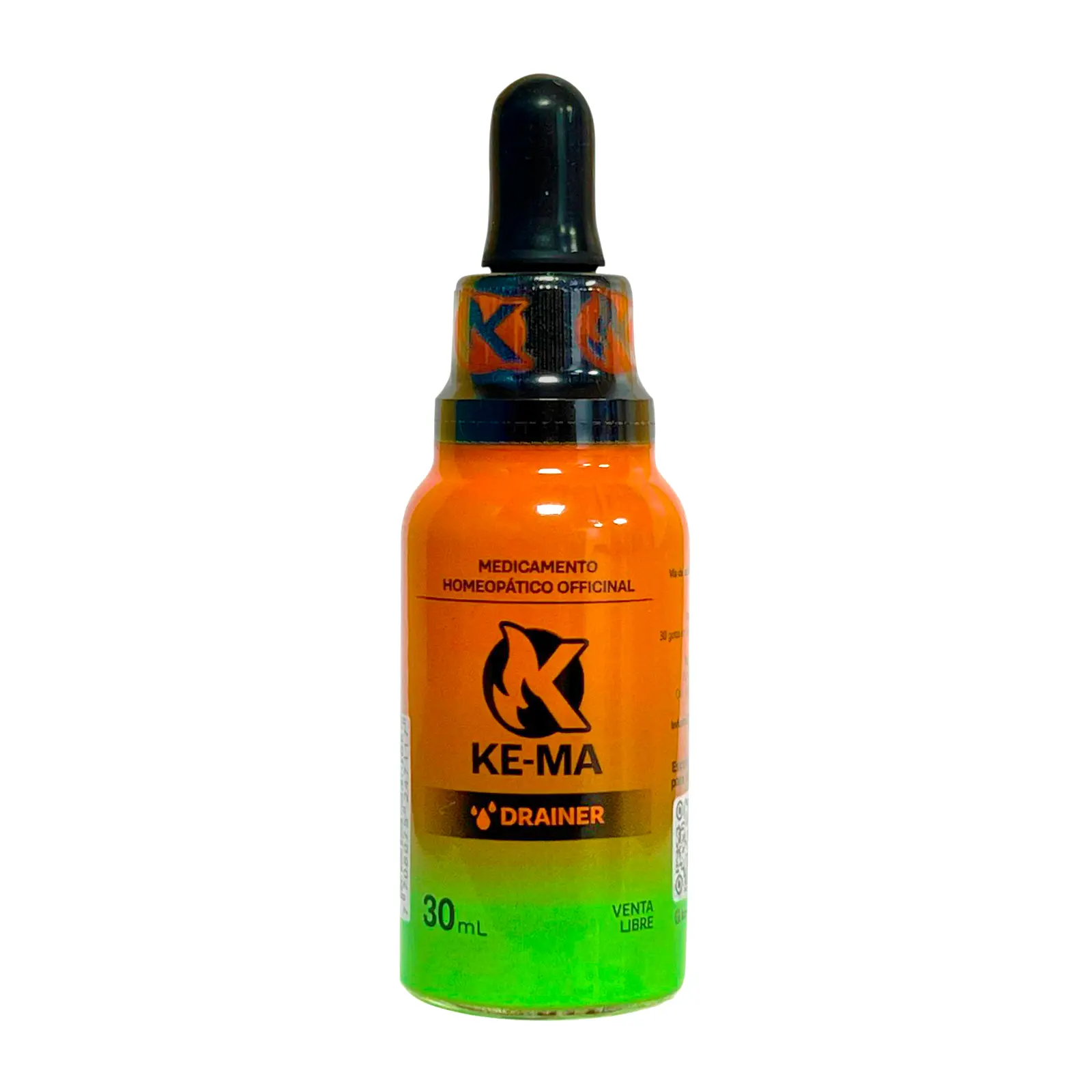Drenador Ke-Ma 30ml homeopático oficial con gotero, naranja y verde.
