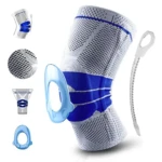 Rodillera de compresión con soporte de gel, diseño deportivo gris y azul, ideal para deportistas.