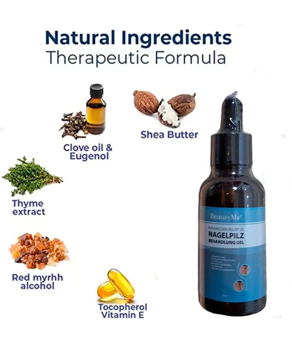 Aceite Reparador De Uñas con ingredientes naturales: clavo, shea, tomillo, mirra y vitamina E.