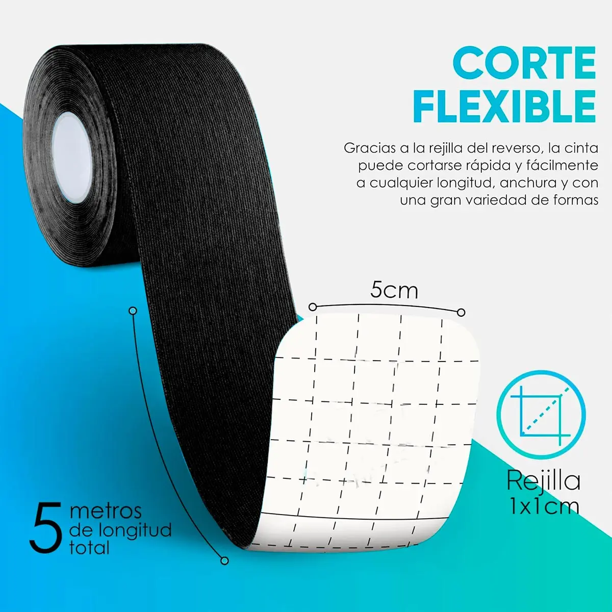 Cinta Kinesiológica Neuromuscular negra flexible, 5m de largo, corte 5cm y rejilla 1x1cm.
