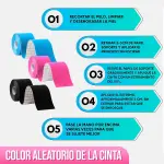 Cinta kinesiologica neuromuscular: aplicación paso a paso con rodillos de colores.