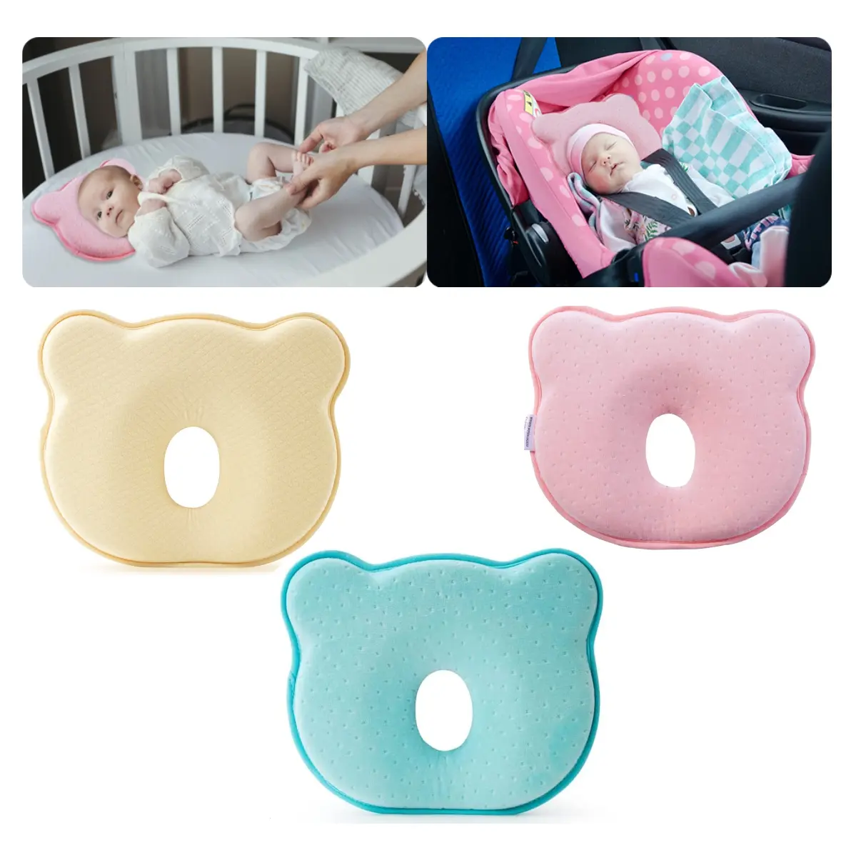 Almohada para bebé que previene cabeza plana, cojín ergonómico con forma de oso en colores pastel.