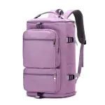 Morral Nry color lila con múltiples bolsillos y correas ajustables, ideal para viaje o deporte.
