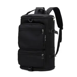 Bolso Morral Nry negro con múltiples bolsillos frontales y correas ajustables.