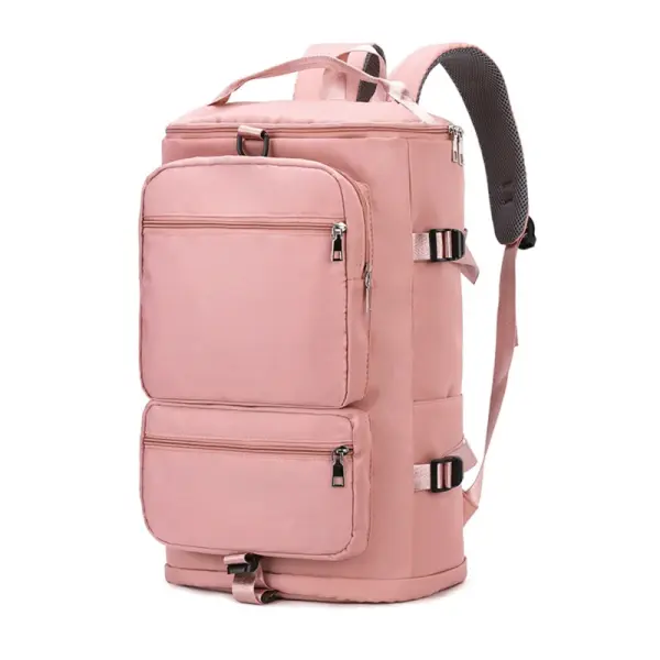 Bolso Morral Nry rosado de gran capacidad con múltiples bolsillos frontales y correas ajustables.