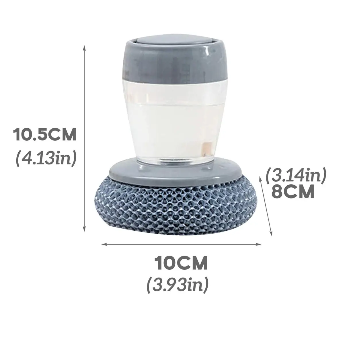 Cepillo dispensador de jabón para lavaplatos con medidas 10.5cm alto, 10cm ancho y 8cm de diámetro.