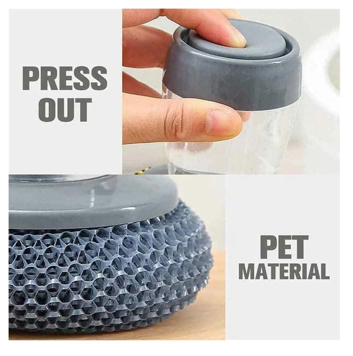 Cepillo dispensador de jabón para lavar platos con material PET de alta calidad.