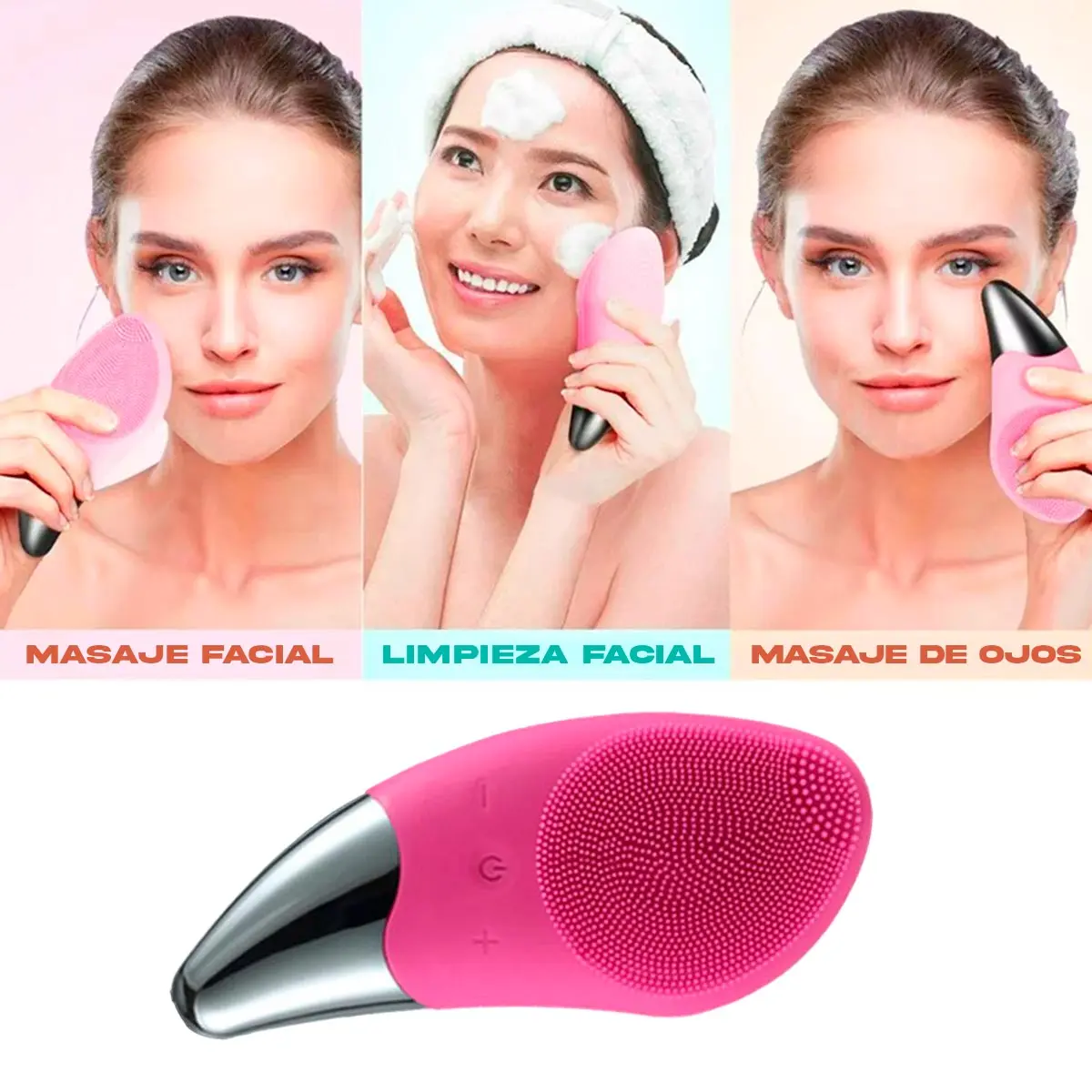 Masajeador facial limpiador rosa para masaje facial, limpieza y contorno de ojos con cepillo de silicona.