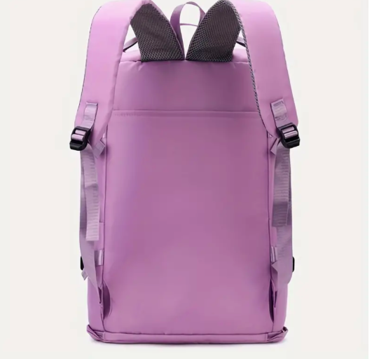 Bolso morral NRY morado con correas de ajuste y malla gris, visto desde atrás.