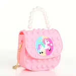 Bolso pop it rosa para niña con diseño de unicornio y asa de perlas, cadena dorada.