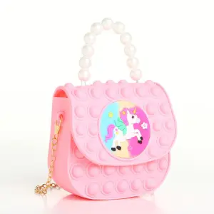 Bolso pop it rosa para niña con diseño de unicornio y asa de perlas, cadena dorada.