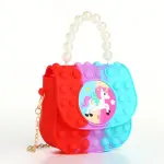 Bolso pop it para niña, rojo, morado y azul, con diseño de unicornio y cadena de perlas.