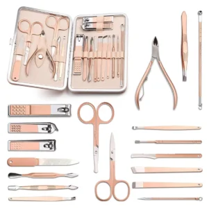 Kit profesional 18 pz manicura pedicura, herramientas de acero inoxidable, color oro rosado.