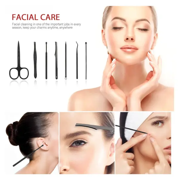 Kit manicura pedicura profesional: tijeras, pinzas, espátulas para cuidado facial y uñas.