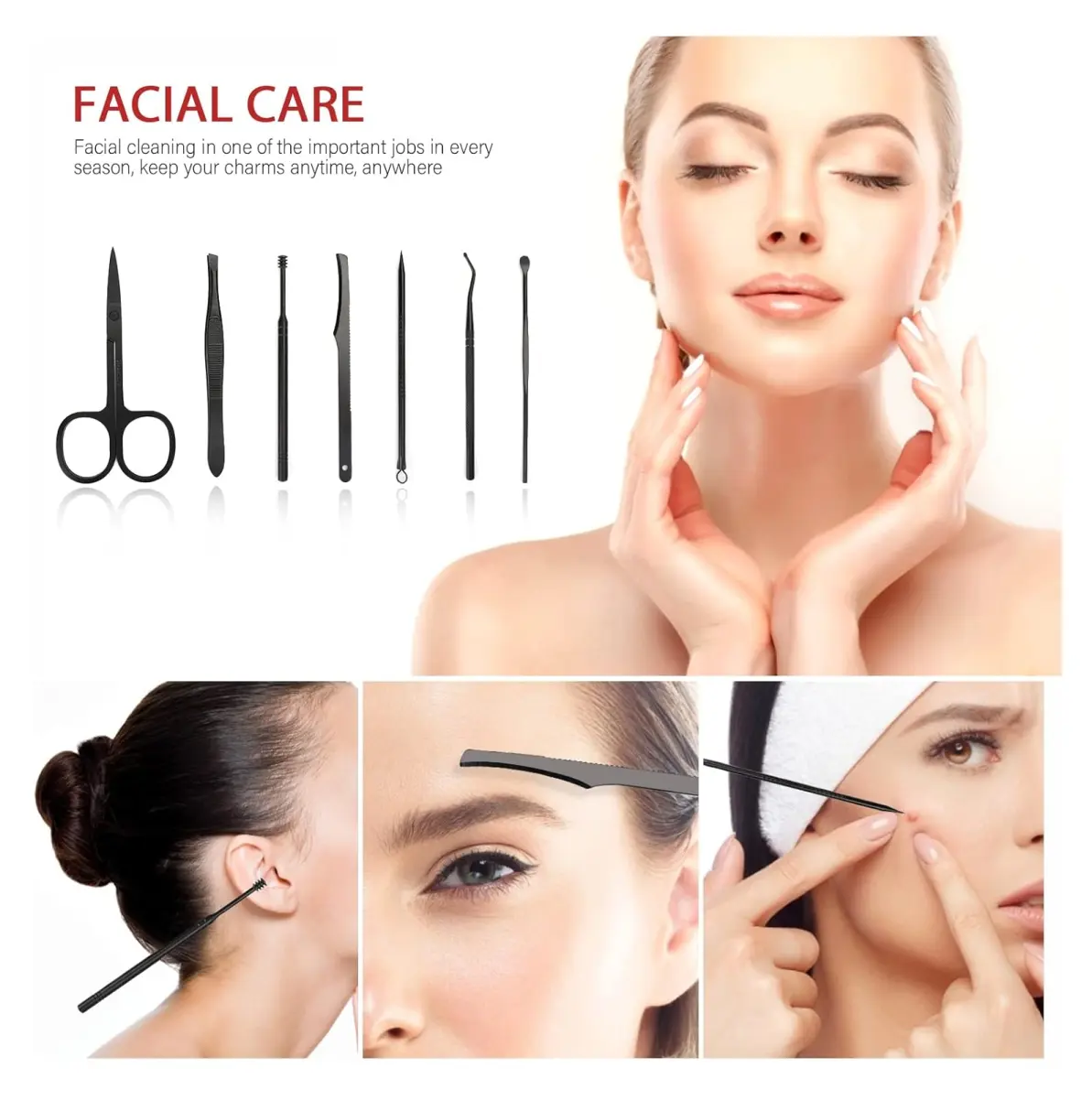 Kit manicura pedicura profesional: tijeras, pinzas, espátulas para cuidado facial y uñas.