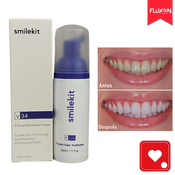 Smilekit espuma correctora de color morado para dientes: antes y después, paquete x2.