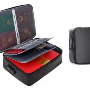 Bolso portapapeles negro con compartimentos para documentos y cierre de combinación, ideal para organizar y proteger.