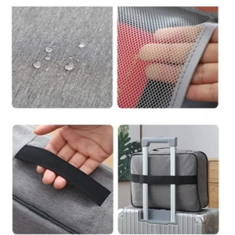 Bolso Portapapeles gris resistente al agua con detalles en malla y asa, ideal para organizar documentos.