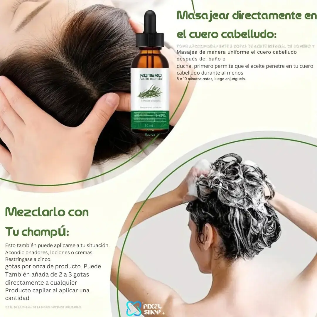 Aceite esencial de romero para masajear y mezclar con champú para el cuidado del cabello.