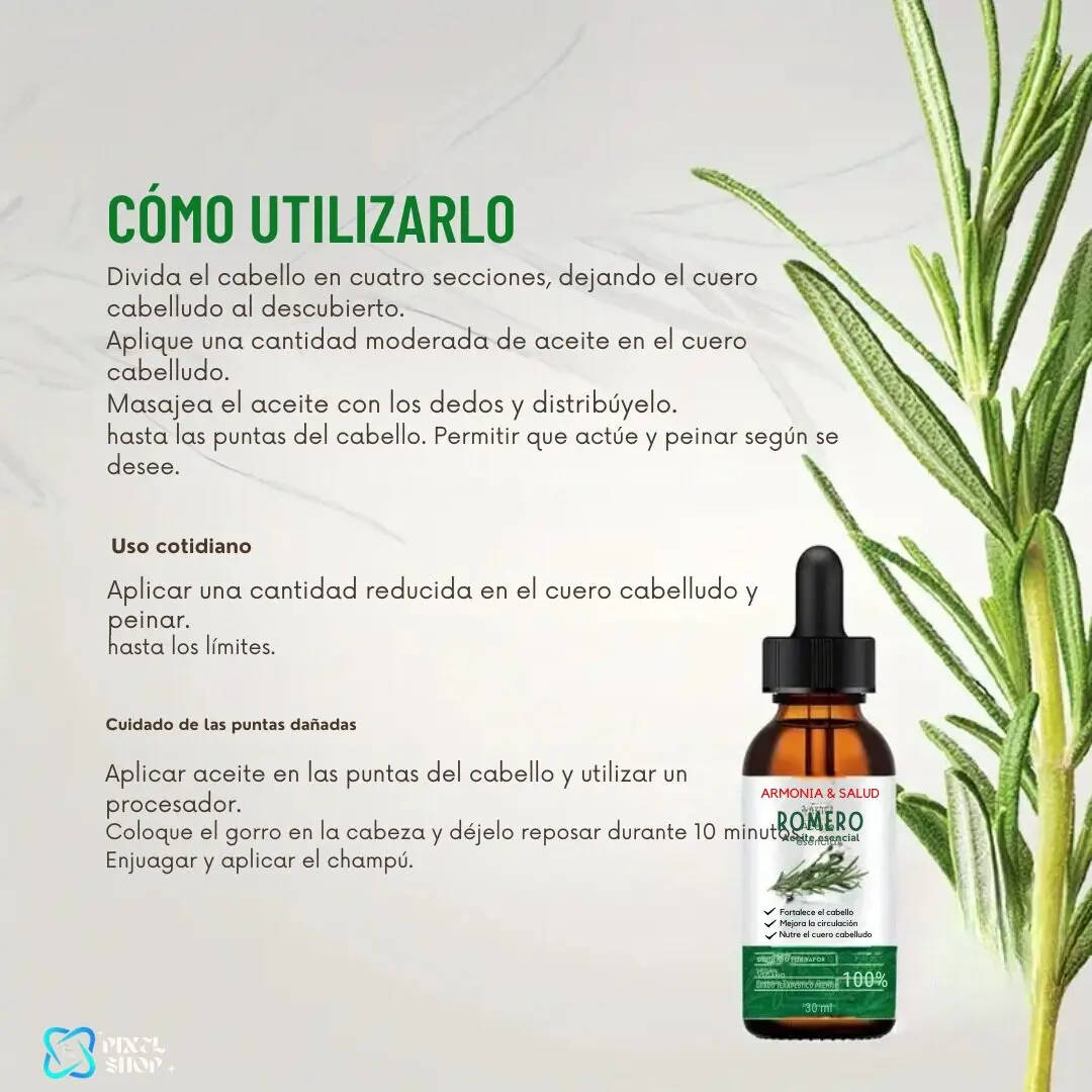 Aceite esencial de romero para cabello, con instrucciones de uso y detalles visibles.